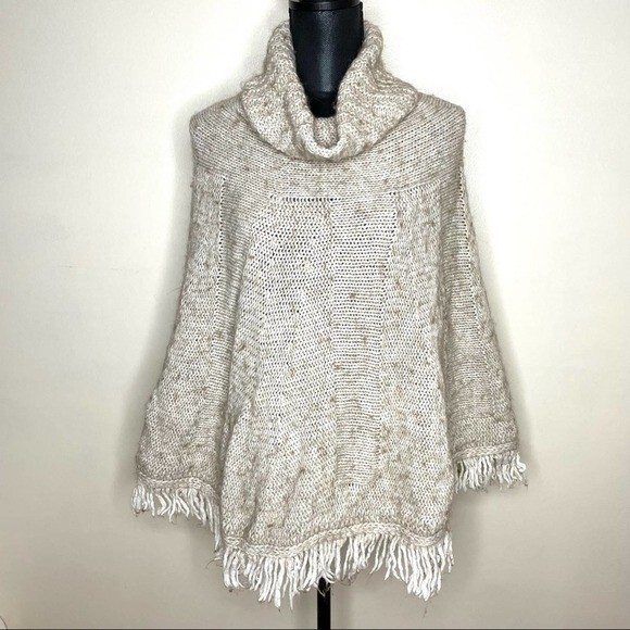 Jperico Alpaca Wool Blend Poncho Fringed Turtleneck Beige Cream Small Medium - Picture 1 of 8
